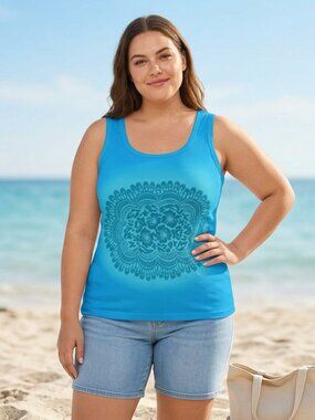 Upcycled Blue Bleach Art Tank Top XXL Boho Mandala Ribbed Cotton  Lace Look